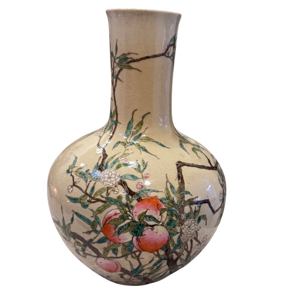 Old Chinese Famille Rose Ceramic Vase 9 Peach Tianqiuping Satsuma Ware 12"
